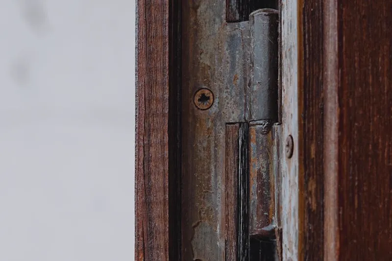 close-up of a residential door hinge barrel showing rust and wear on the pin